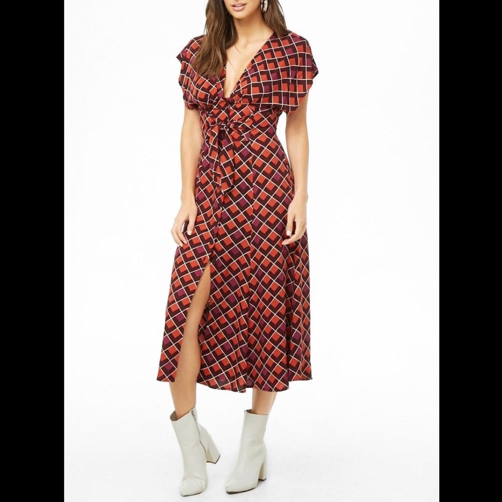 Forever 21 Orange Multi Retro V-Neckline Dress S